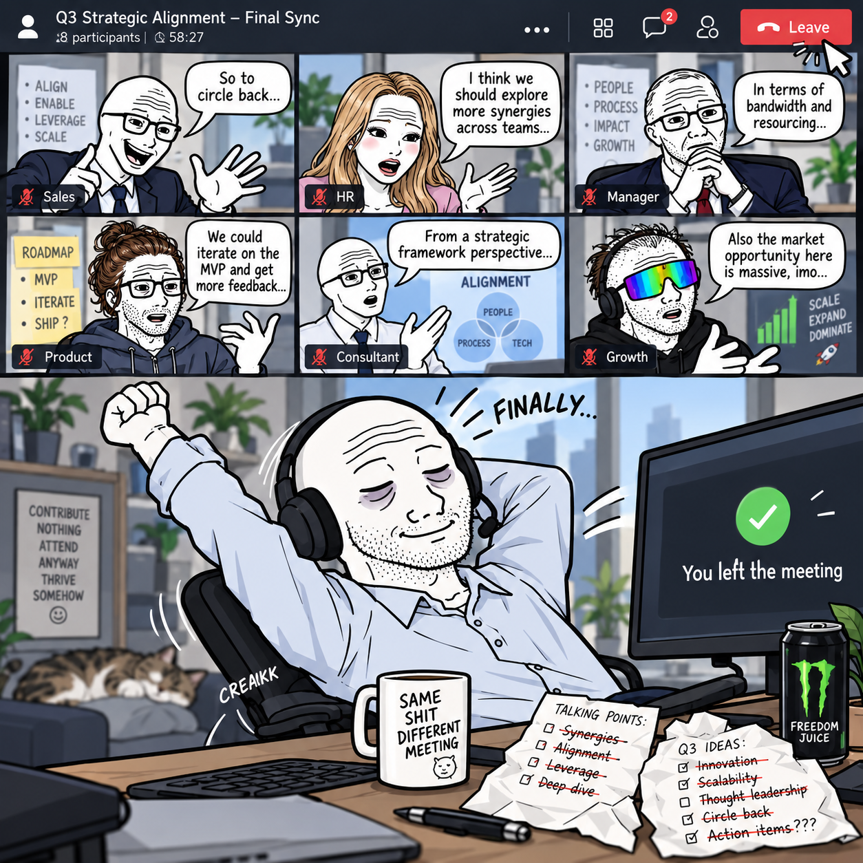 Relieved employee after leaving the corporate meeting